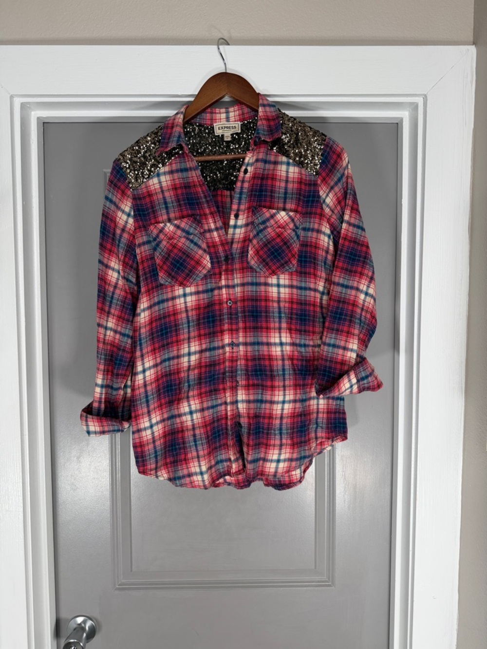 Express Plaid Button-Up Shirt with Sequin Shoulders - Pink & Blue